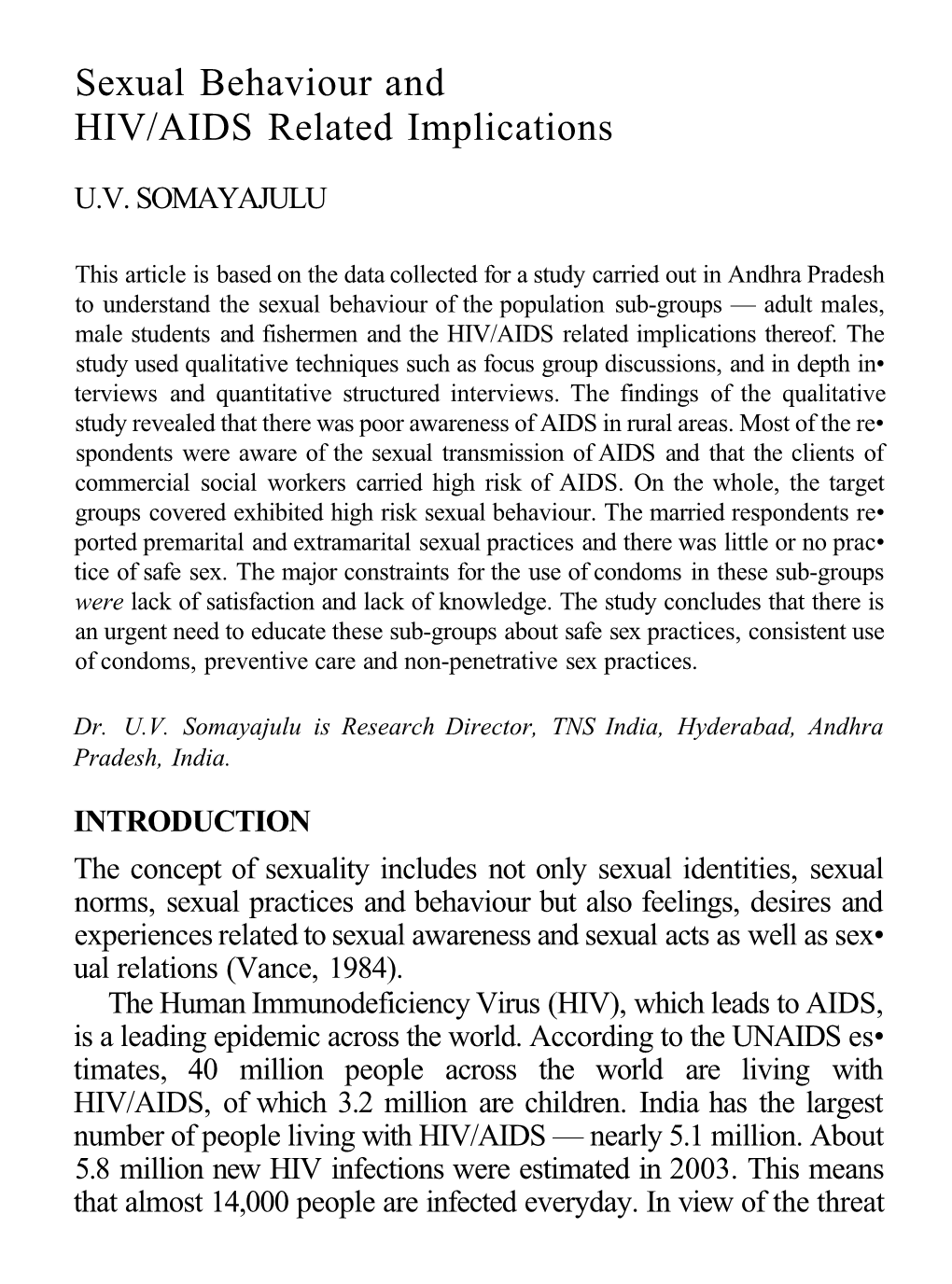 Sexual Behaviour and HIV/AIDS Related Implications