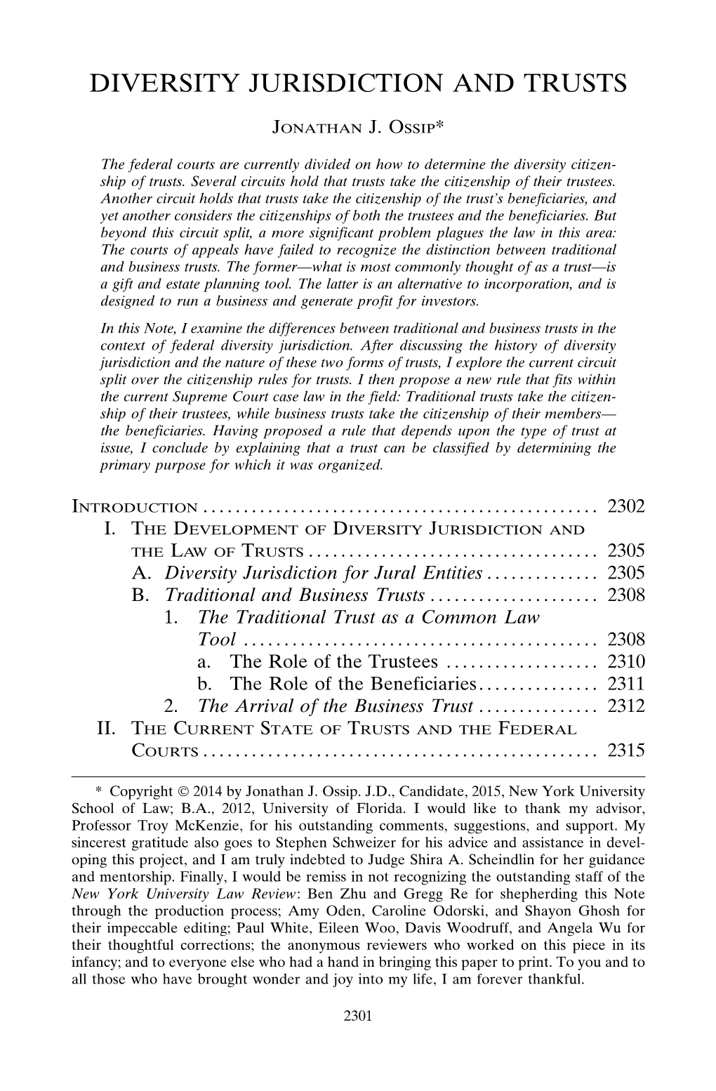 Diversity Jurisdiction and Trusts