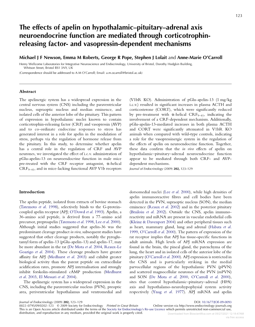 The Effects of Apelin on Hypothalamic–Pituitary–Adrenal Axis