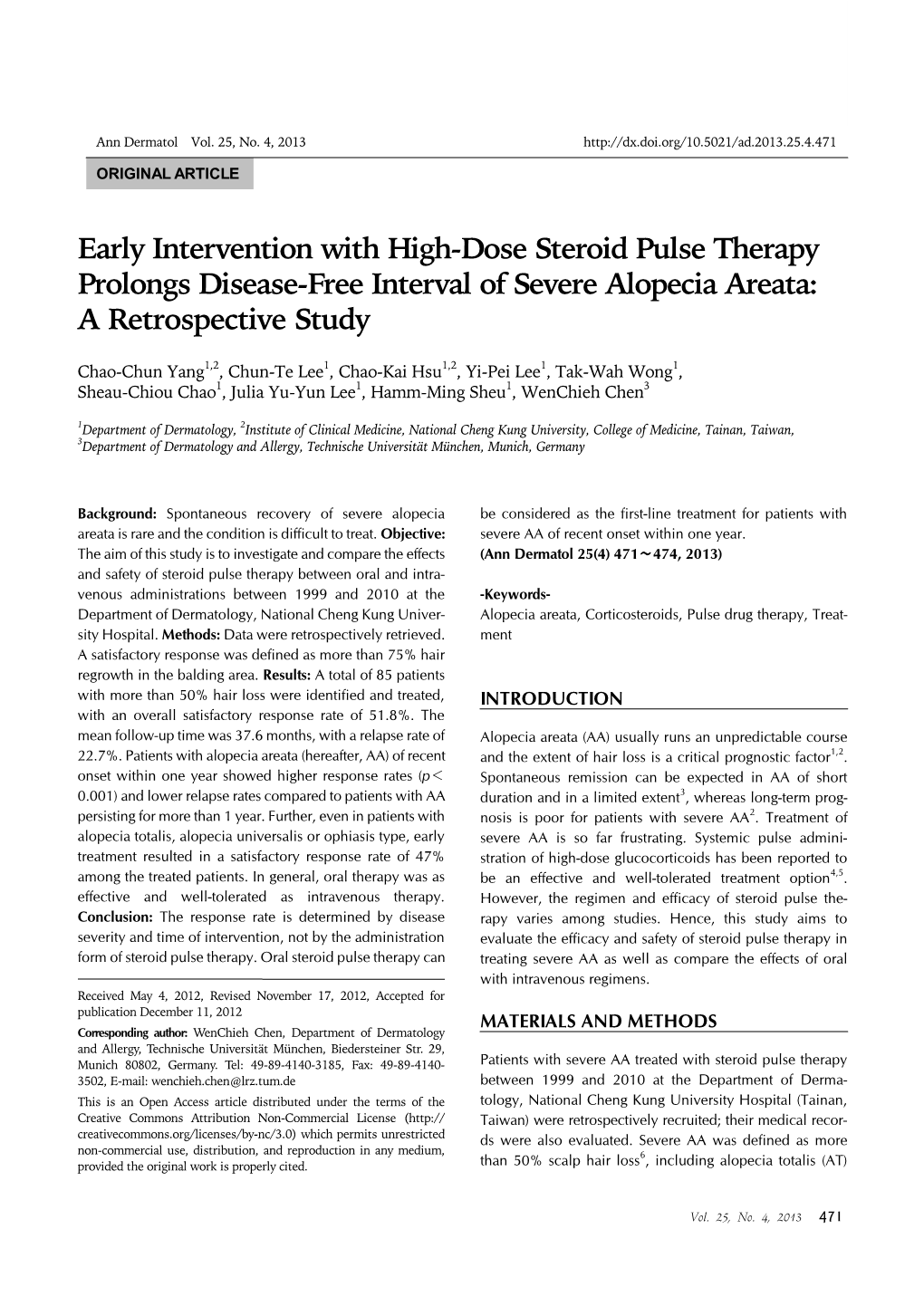 Early Intervention with High-Dose Steroid Pulse Therapy Prolongs Disease-Free Interval of Severe Alopecia Areata: a Retrospective Study