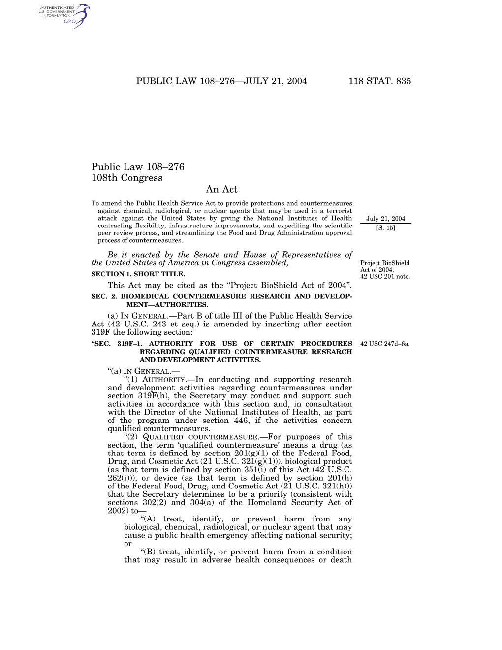 Project Bioshield Act of 2004