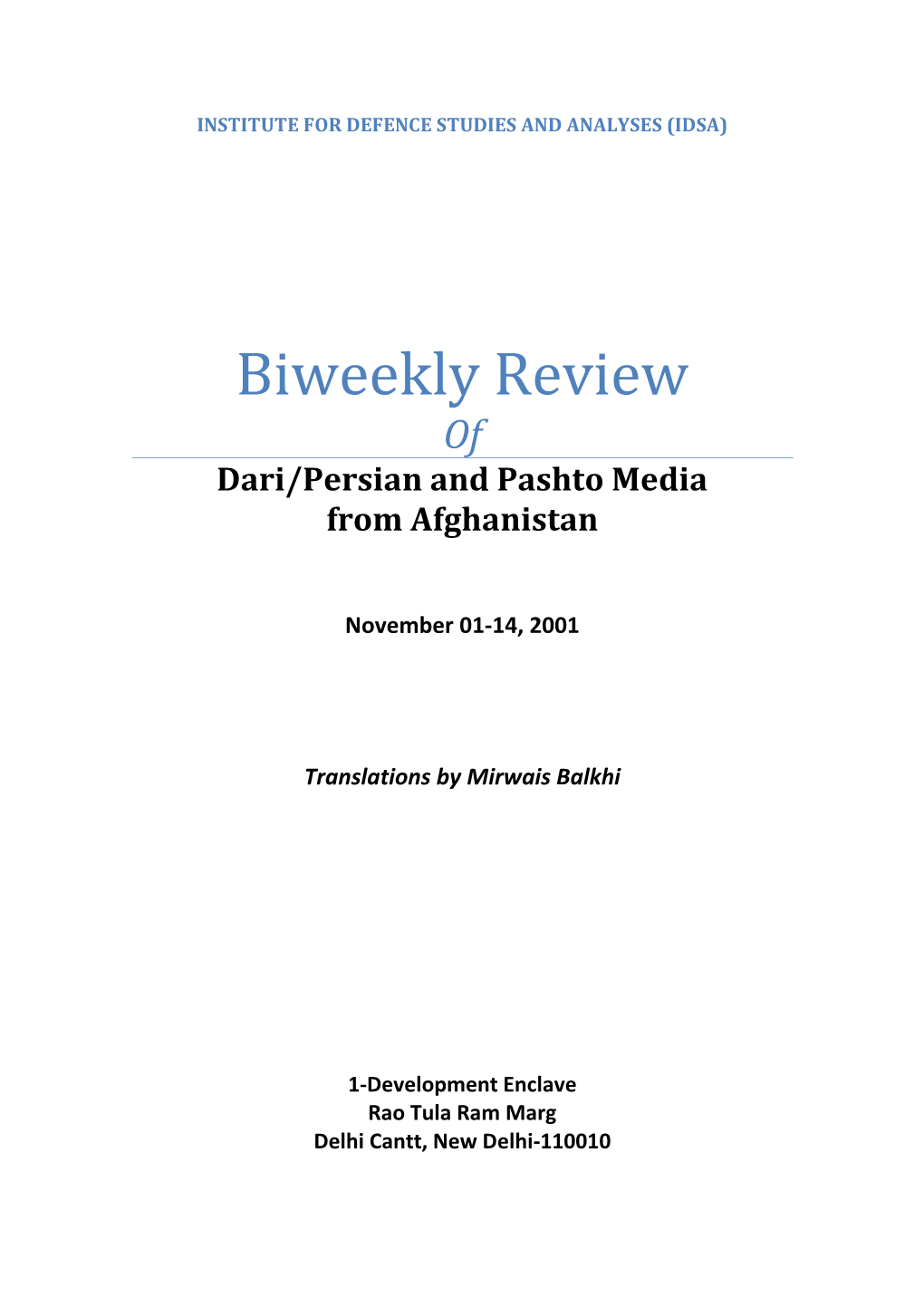 Biweekly Review of Dari/Persian and Pashto Media from Afghanistan