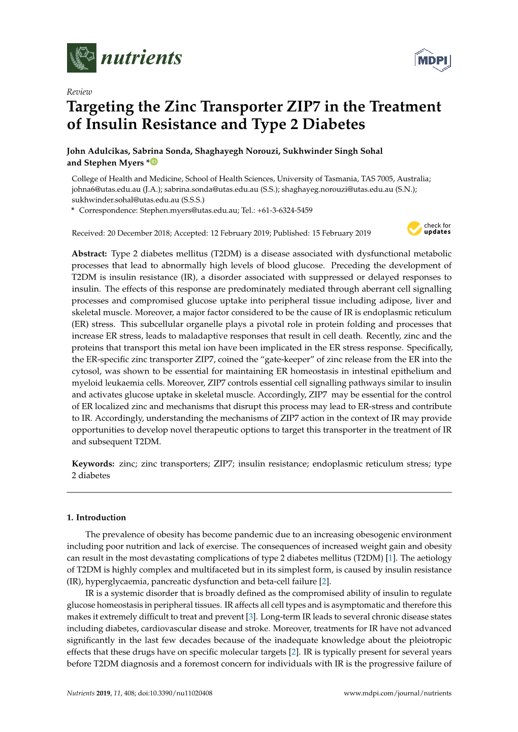 Targeting the Zinc Transporter ZIP7 in the Treatment of Insulin Resistance and Type 2 Diabetes