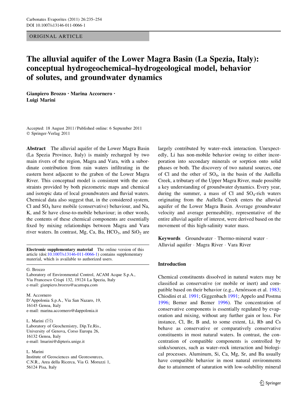 The Alluvial Aquifer of the Lower Magra Basin (La Spezia, Italy): Conceptual Hydrogeochemical–Hydrogeological Model, Behavior of Solutes, and Groundwater Dynamics