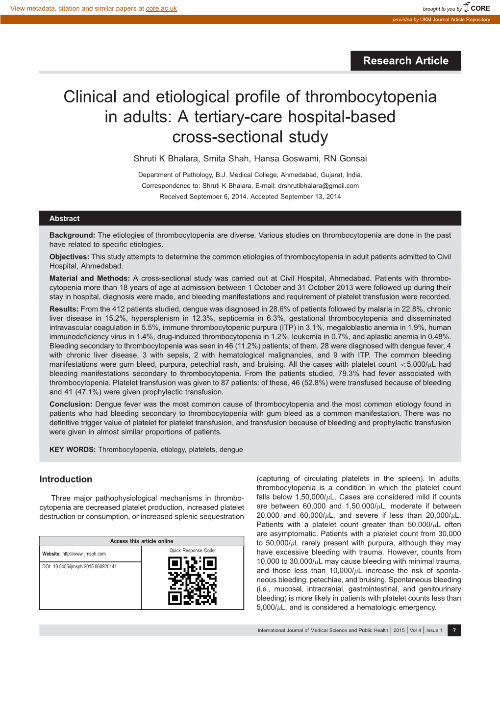 Clinical and Etiological Profile of Thrombocytopenia in Adults