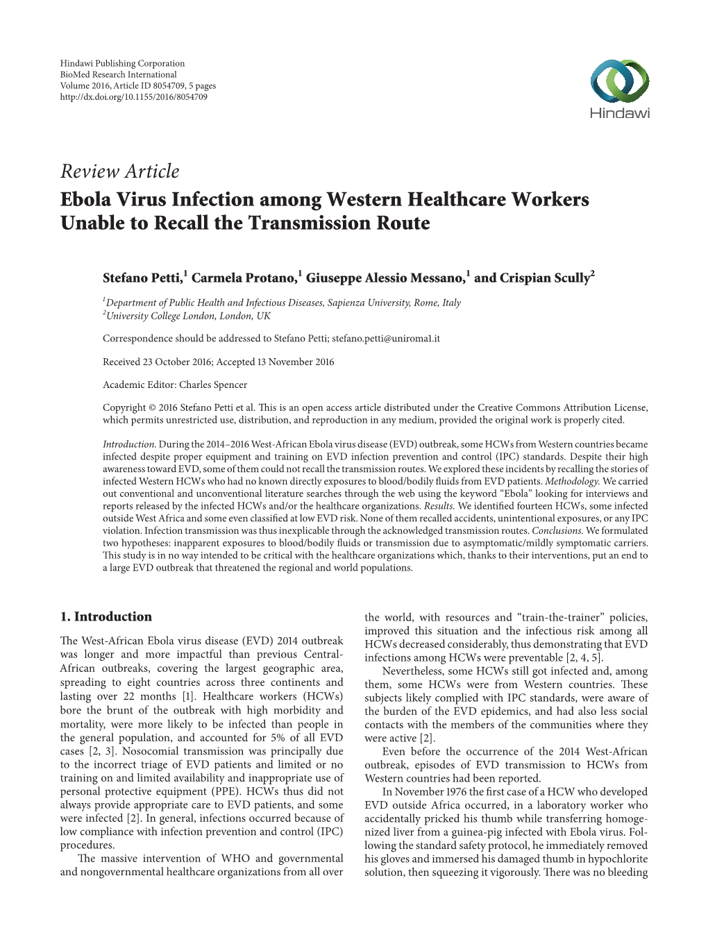 Review Article Ebola Virus Infection Among Western Healthcare Workers Unable to Recall the Transmission Route