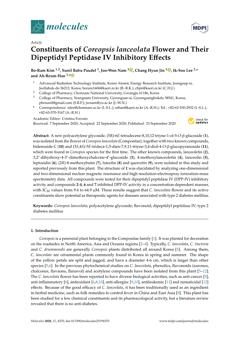 Constituents of Coreopsis Lanceolata Flower and Their Dipeptidyl Peptidase IV Inhibitory Eﬀects