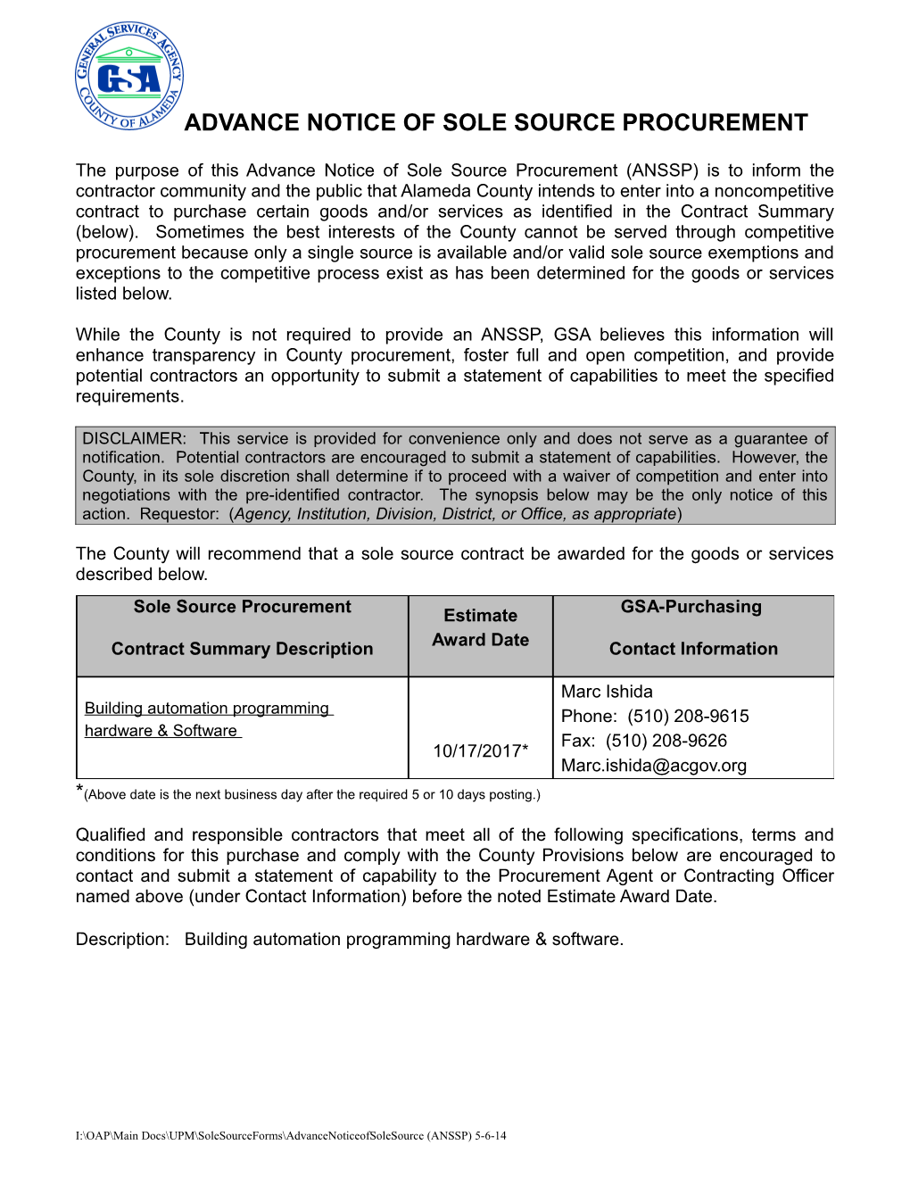 Advance Notice of Sole Source Procurement s1