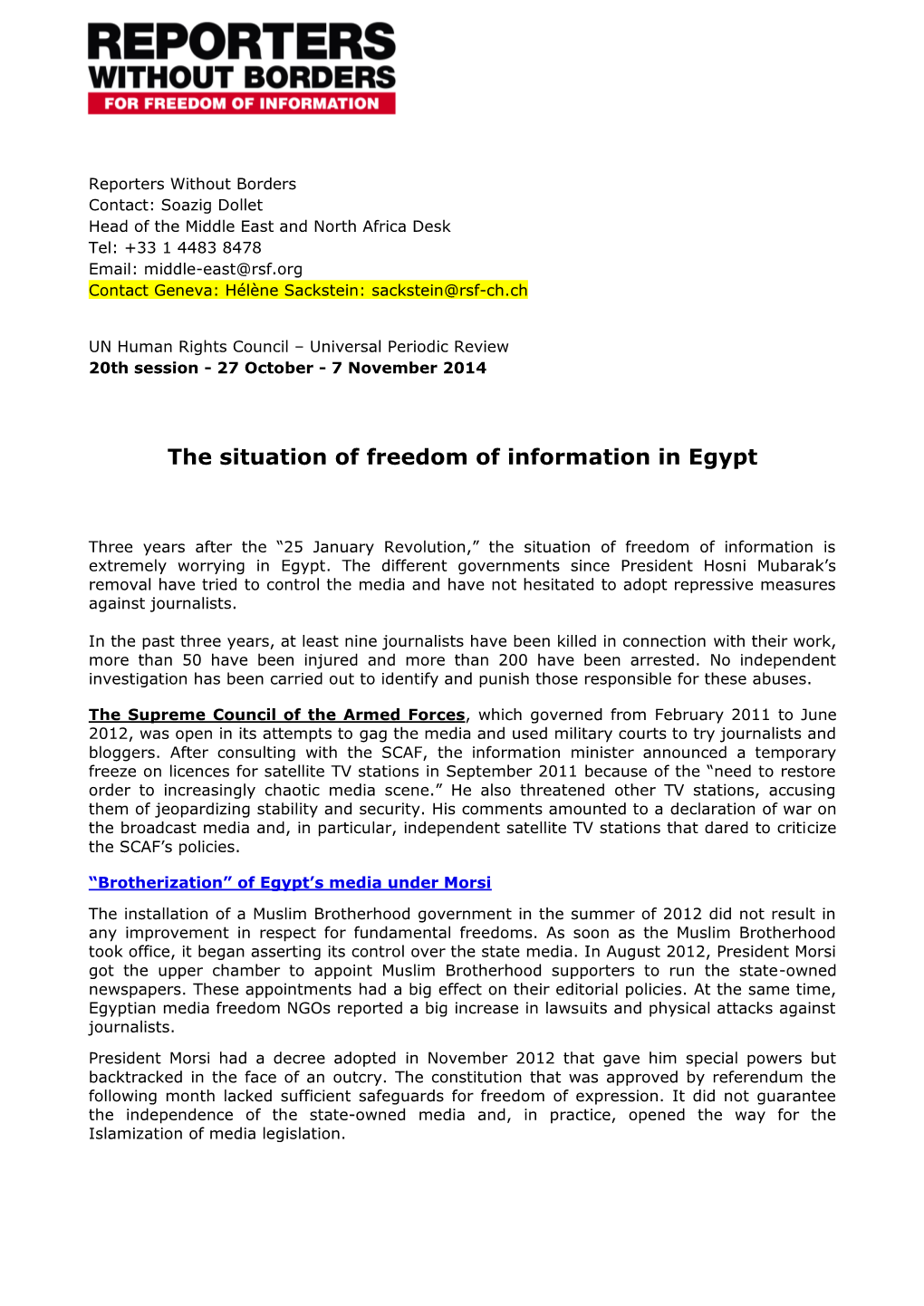 The Situation of Freedom of Information in Egypt