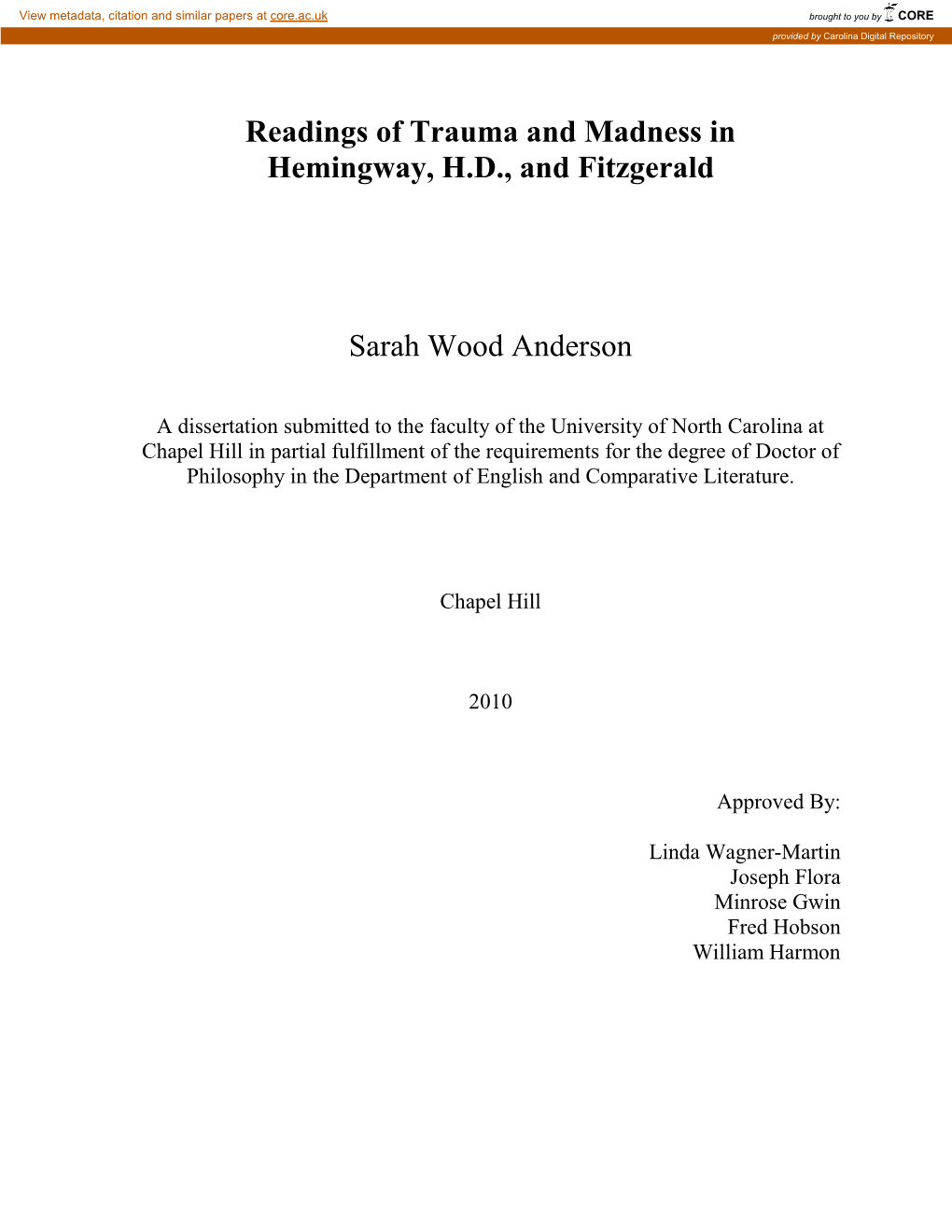 Readings of Trauma and Madness in Hemingway, H.D., and Fitzgerald