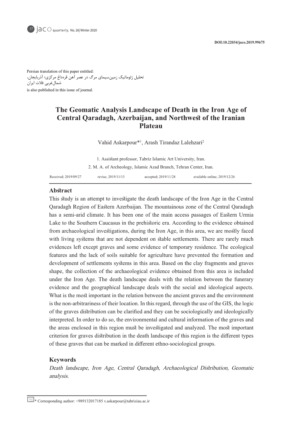 The Geomatic Analysis Landscape of Death in the Iron Age of Central Qaradagh, Azerbaijan, and Northwest of the Iranian Plateau