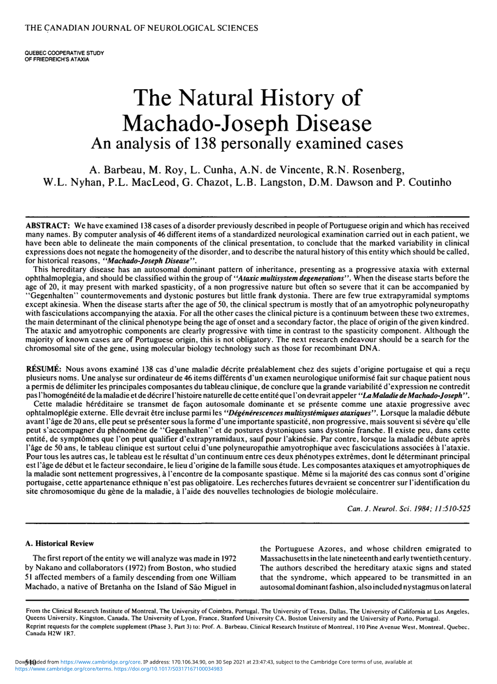 The Natural History of Machado-Joseph Disease an Analysis of 138 Personally Examined Cases A