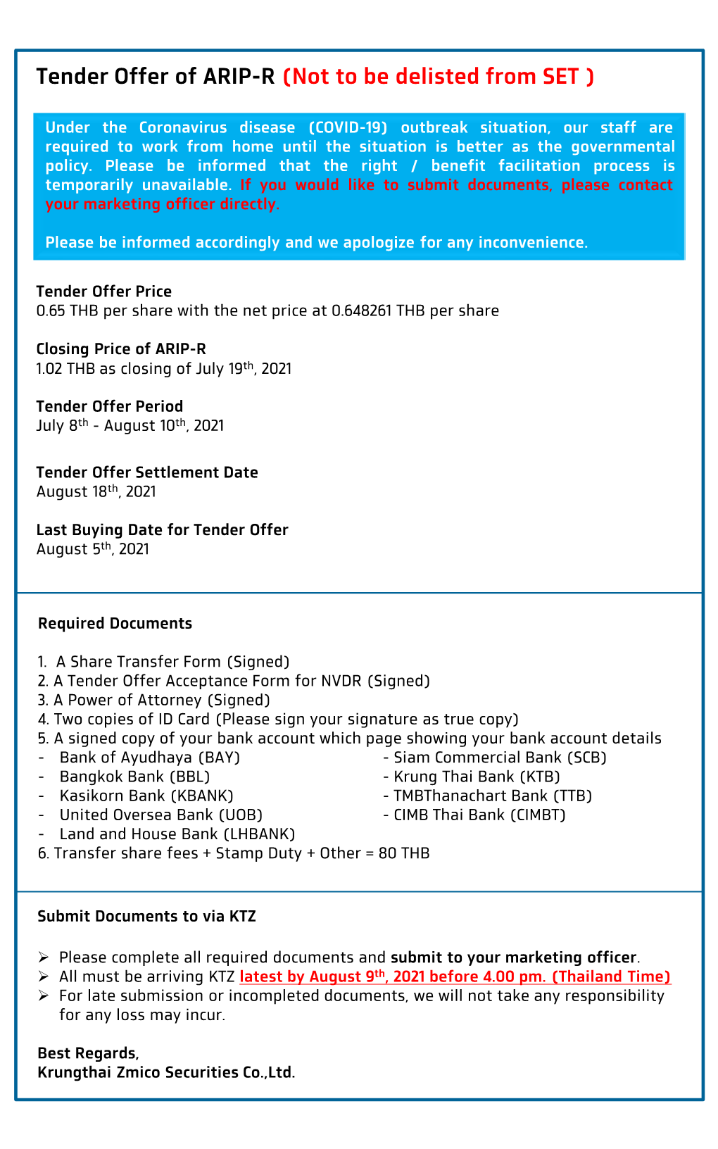 Tender Offer of ARIP-R (Not to Be Delisted from SET )