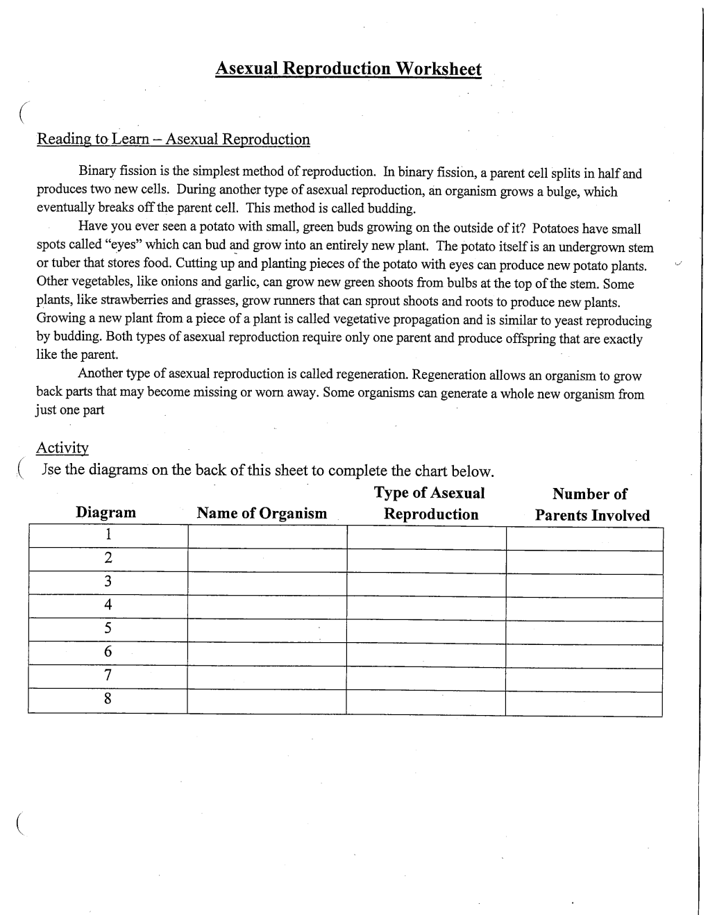 Asexual Reproduction Worksheet ( Reading to Learn - Asexual Reproduction