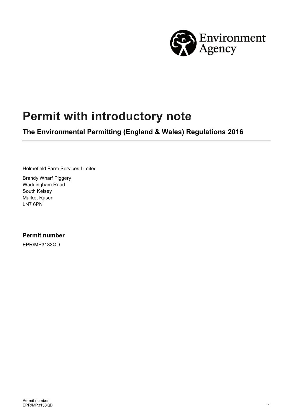 Permit: Holmefield Farm Services Limited