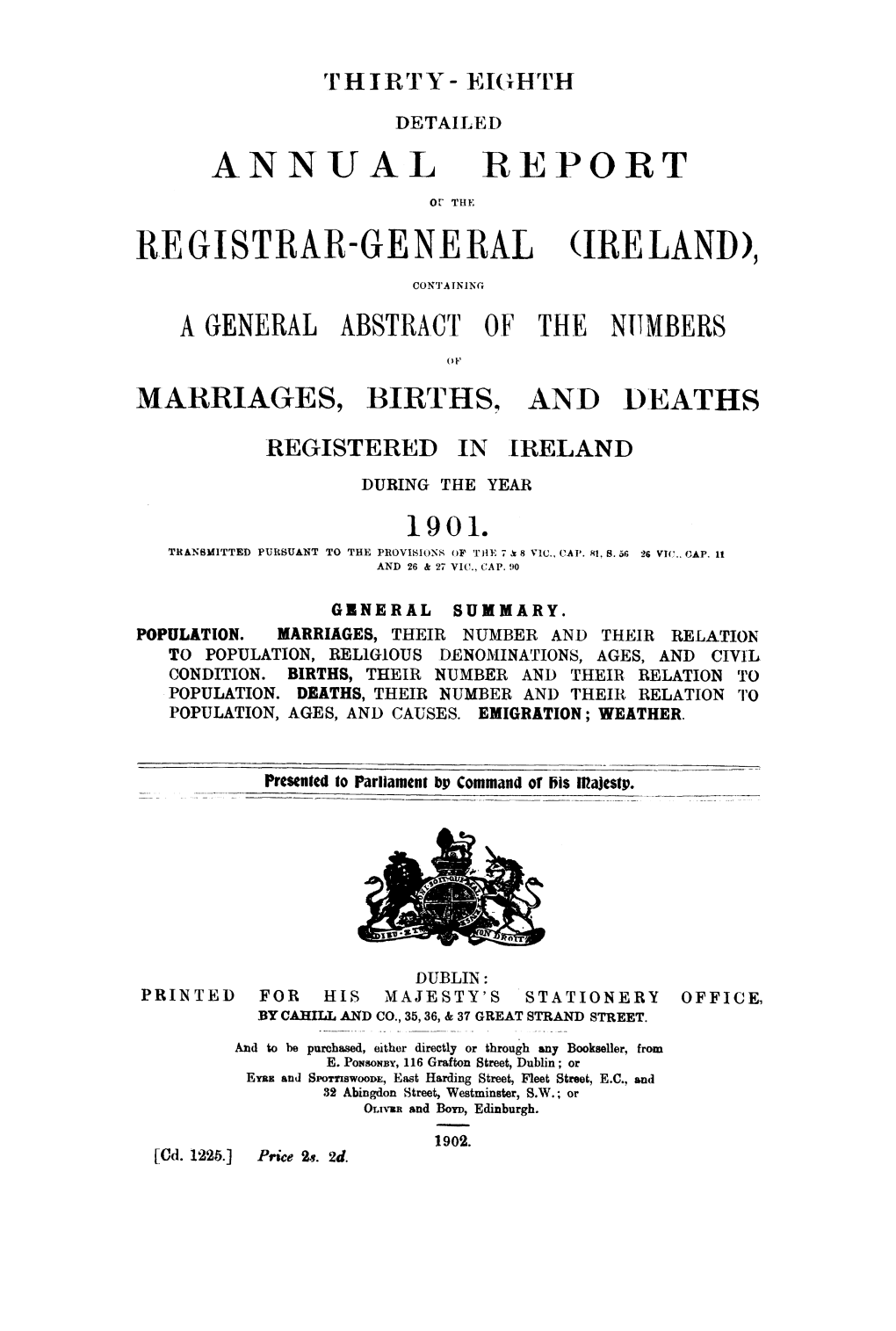 38Th Annual Report of the Registrar General for Ireland (1901)