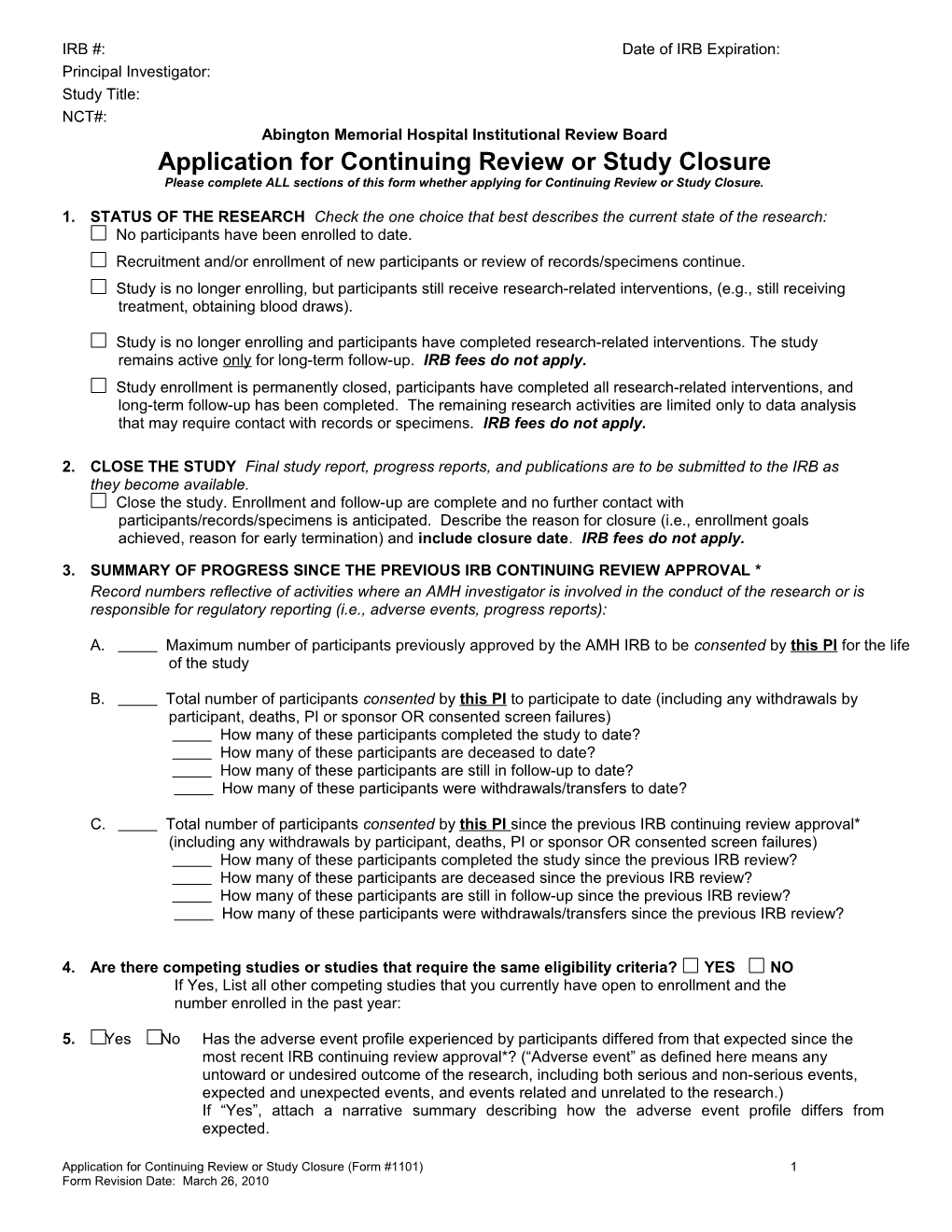 Application For Continuing Review And Study Closure