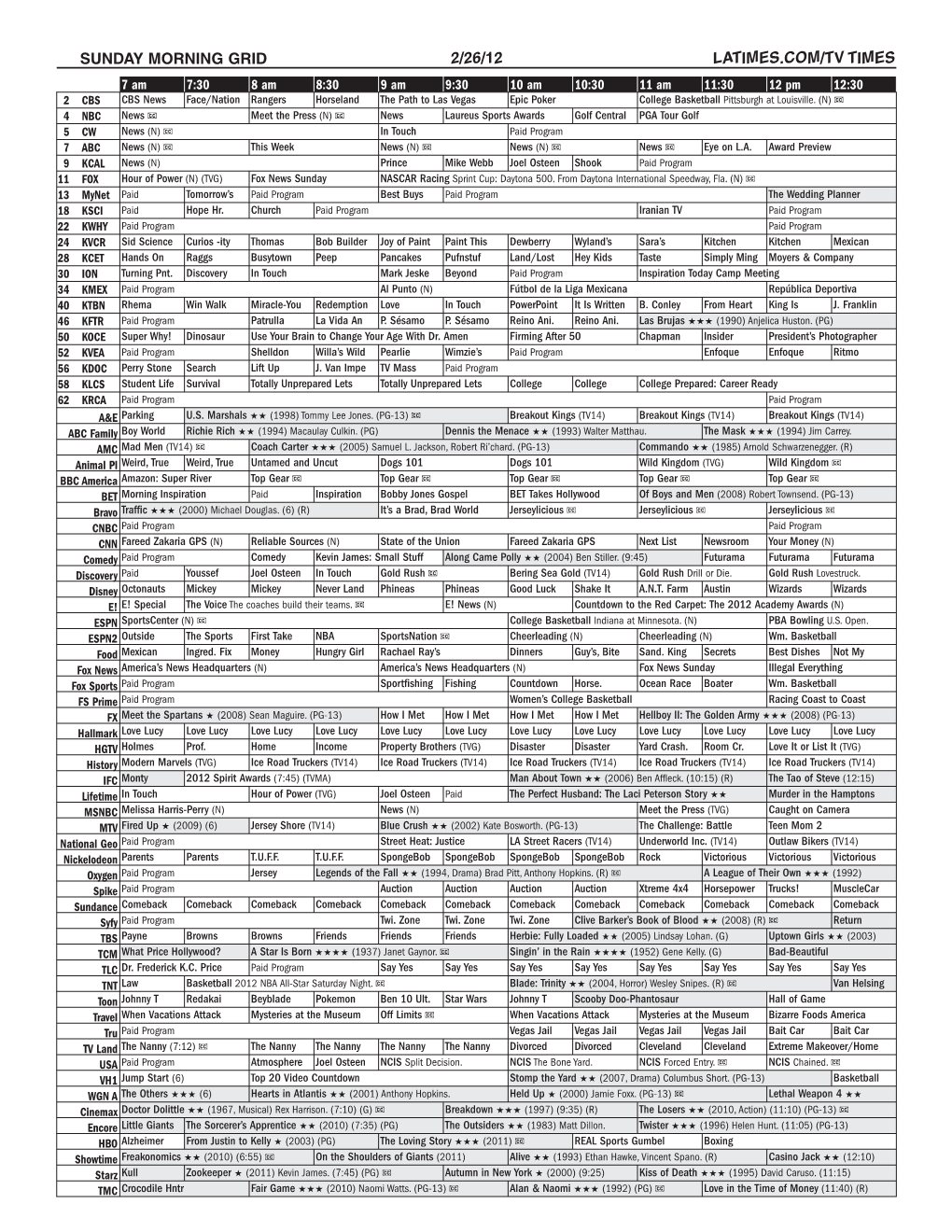 Sunday Morning Grid 2/26/12 Latimes.Com/Tv Times