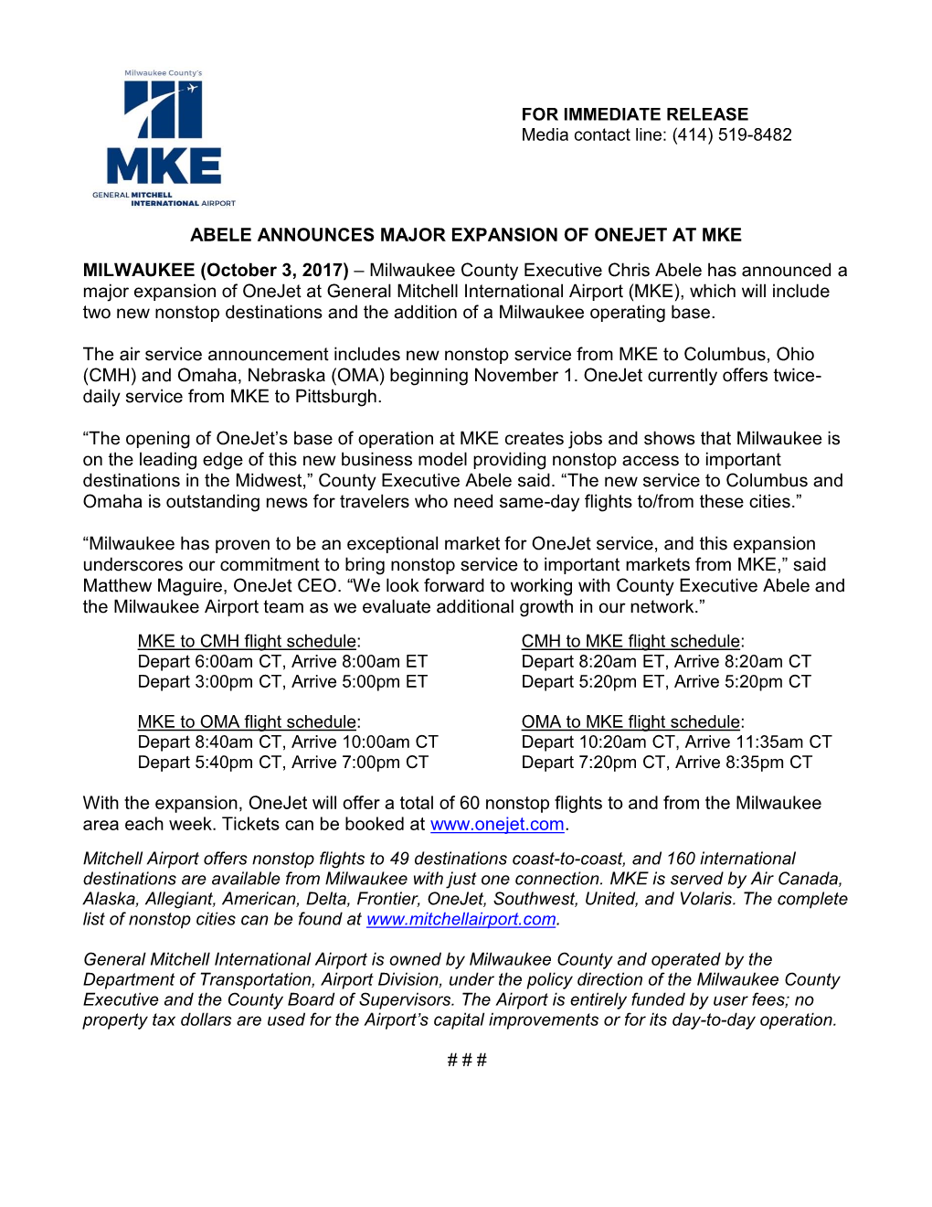 Abele Announces Major Expansion of Onejet at Mke