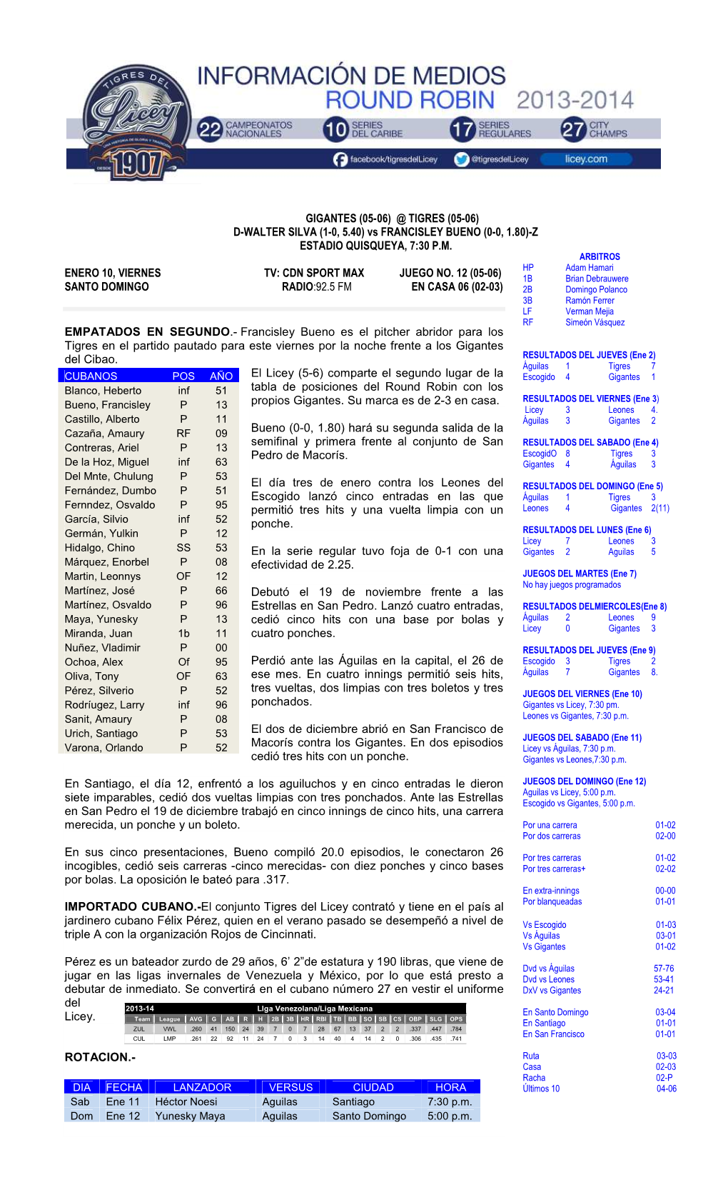 Vs FRANCISLEY BUENO (0-0, 1.80)-Z ESTADIO QUISQUEYA, 7:30 P.M