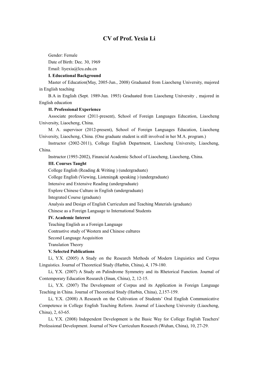 CV of Prof. Yexia Li
