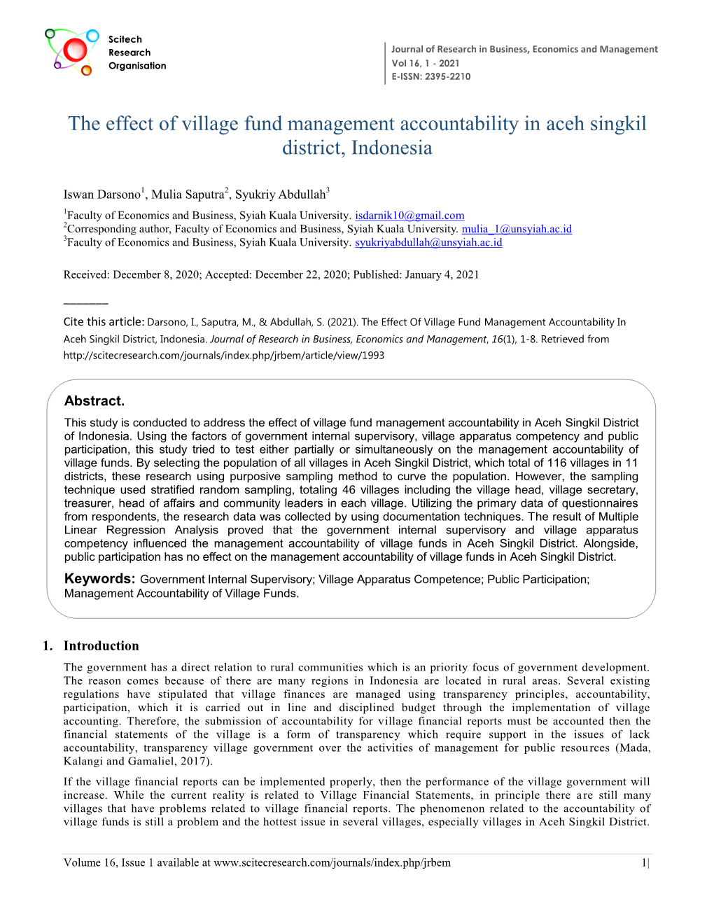 The Effect of Village Fund Management Accountability in Aceh Singkil District, Indonesia
