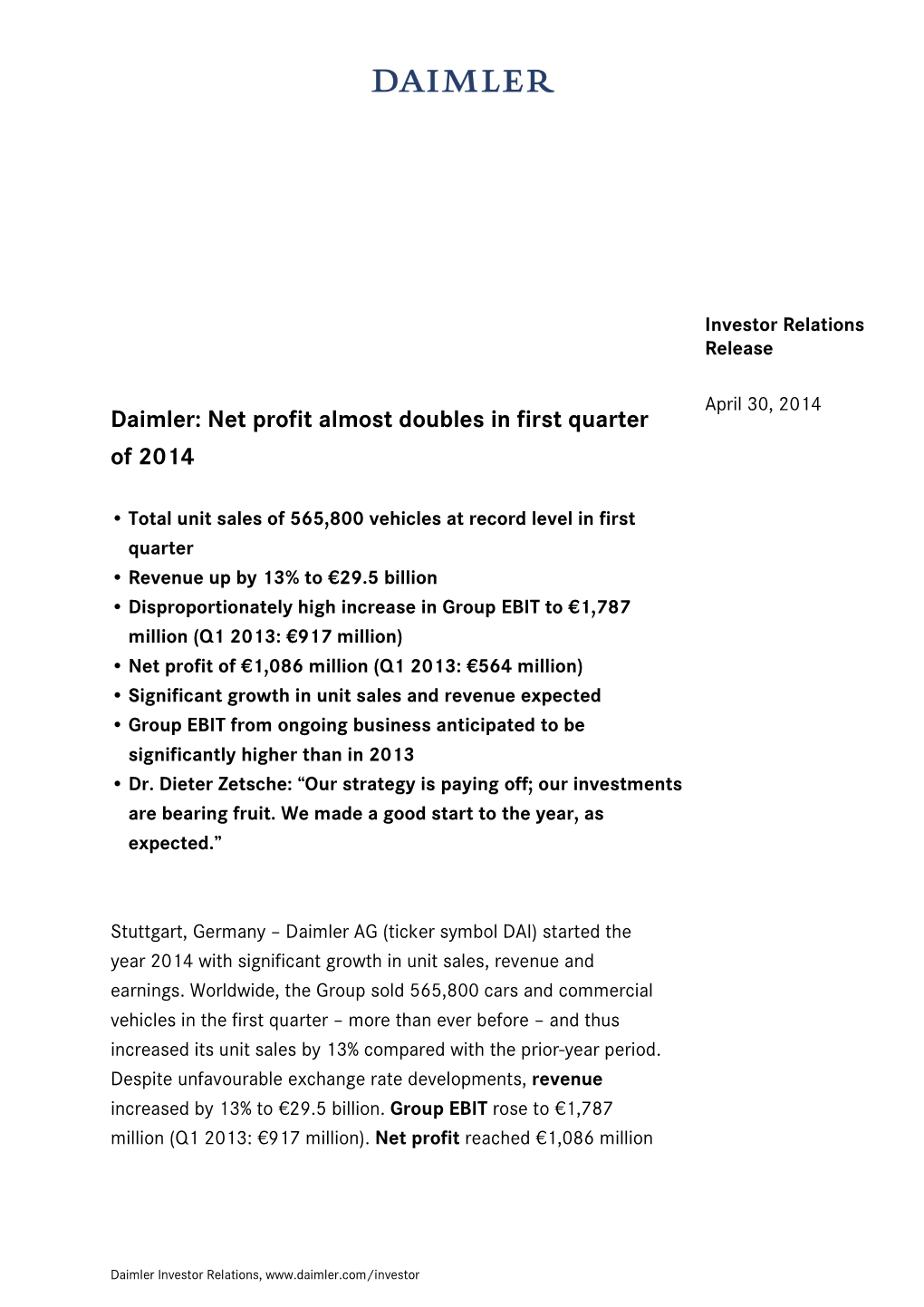 IR Release: Daimler Net Profit Almost Doubles in First Quarter of 2014