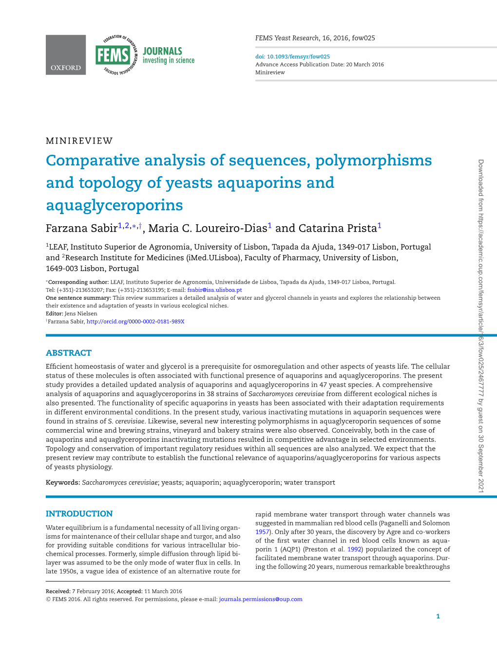 Comparative Analysis of Sequences, Polymorphisms and Topology of Yeasts Aquaporins and Aquaglyceroporins