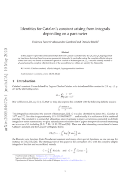 Identities for Catalan's Constant Arising from Integrals Depending