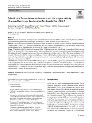D-Lactic Acid Fermentation Performance and the Enzyme Activity of a Novel Bacterium Terrilactibacillus Laevilacticus SK5–6