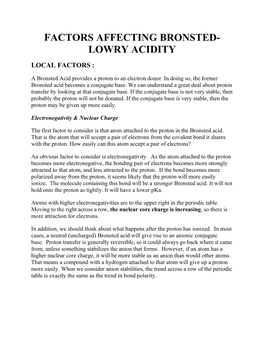 Factors Affecting Bronsted- Lowry Acidity Local Factors