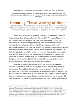 Honoring Those Worthy of Honor Contributions of the Late Ven
