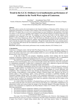 Trend in the G.C.E. Ordinary Level Mathematics Performance of Students in the North West Region of Cameroon