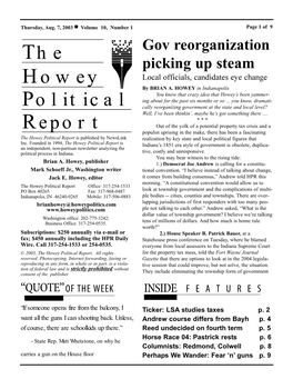 The Howey Political Report Is Published by Newslink Realization by Key State and Local Political Figures That Inc