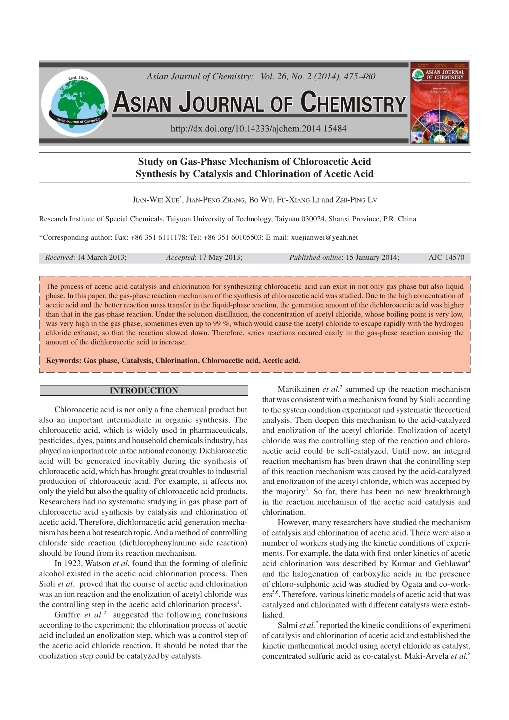 Study on Gas-Phase Mechanism of Chloroacetic Acid Synthesis by Catalysis and Chlorination of Acetic Acid