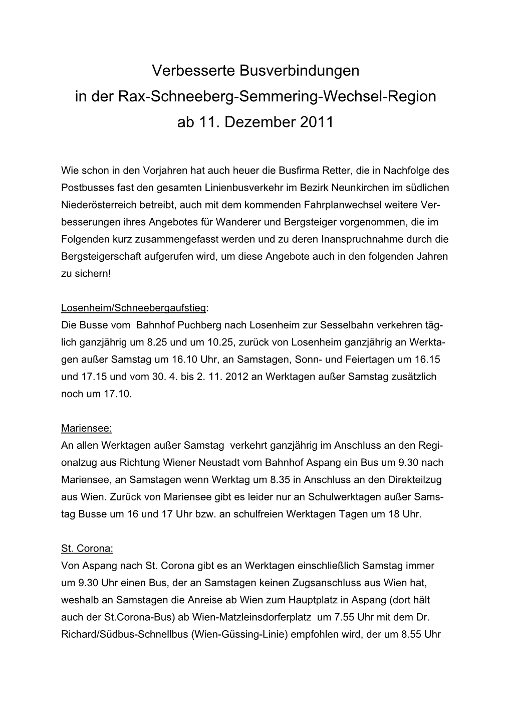 Verbesserte Busverbindungen in Der Rax-Schneeberg-Semmering-Wechsel-Region Ab 11. Dezember 2011