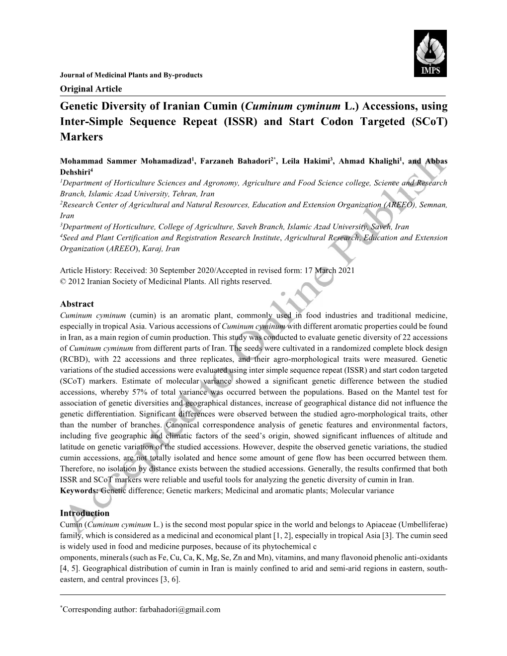 Genetic Diversity of Iranian Cumin (Cuminum Cyminum L.) Accessions, Using Inter-Simple Sequence Repeat (ISSR) and Start Codon Targeted (Scot) Markers