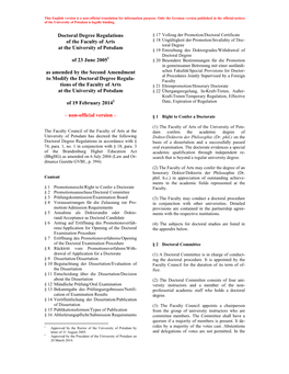Doctoral Degree Regulations of the Faculty of Arts at the University Of