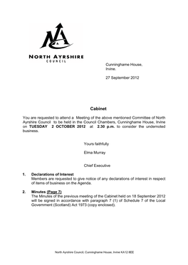 North Ayrshire Council to Be Held in the Council Chambers, Cunninghame House, Irvine on TUESDAY 2 OCTOBER 2012 at 2.30 P.M