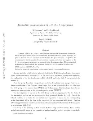 Geometric Quantization of N= 2, D= 3 Superanyon