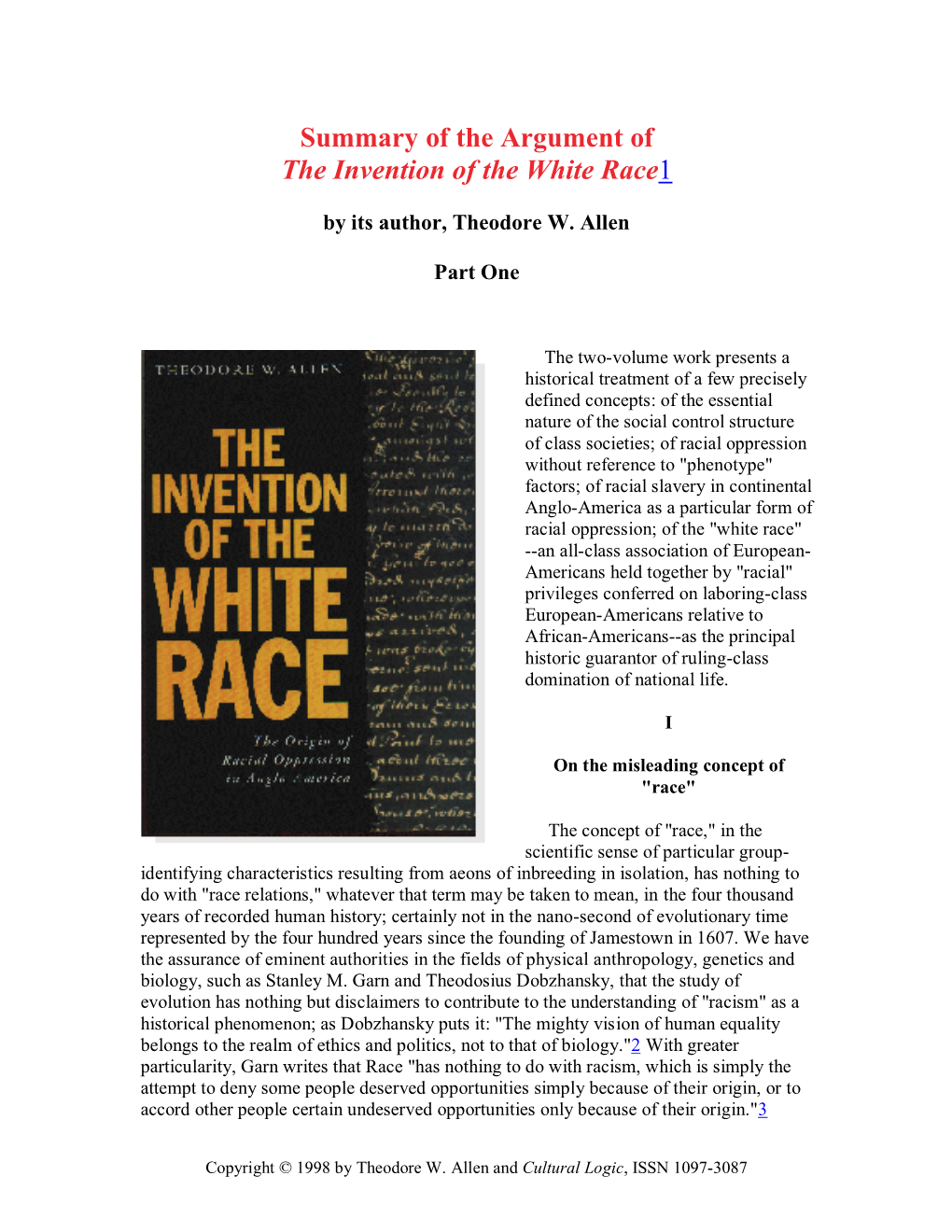 "Summary of the Argument of the Invention of the White Race," Part 1