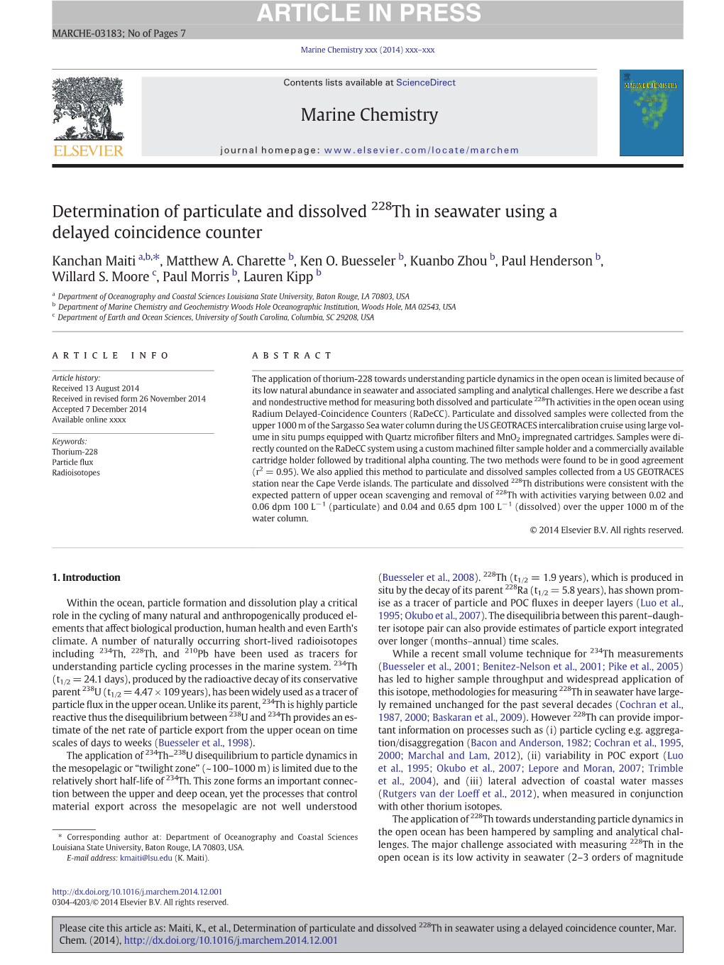 Determination of Particulate and Dissolved 228Th in Seawater Using a Delayed Coincidence Counter