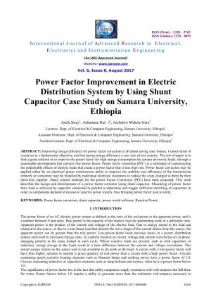 Power Factor Improvement in Electric Distribution System by Using Shunt Capacitor Case Study on Samara University, Ethiopia