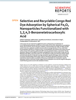 Selective and Recyclable Congo Red Dye Adsorption by Spherical Fe3o4
