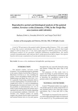 Reproductive Period and Histological Analysis of the Painted Comber, Serranus Scriba (Linnaeus, 1758), in the Trogir Bay Area (Eastern Mid-Adriatic)