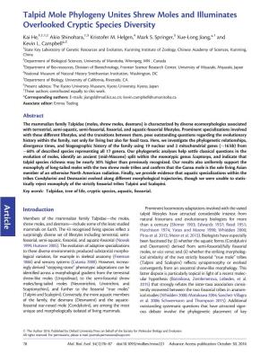 Talpid Mole Phylogeny Unites Shrew Moles and Illuminates Overlooked Cryptic Species Diversity Kai He,‡,†,1,2 Akio Shinohara,†,3 Kristofer M