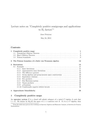 Lecture Notes on “Completely Positive Semigroups and Applications to II1