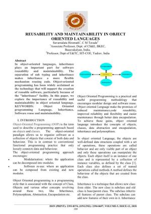 REUSABILITY and MAINTAINABILITY in OBJECT ORIENTED LANGUAGES Suvarnalata Hiremath1, C M Tavade2 1Associate Professor, Dept