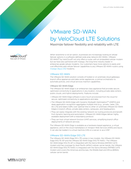 Vmware SD-WAN by Velocloud LTE Solutions Maximize Failover Flexibility and Reliability with LTE