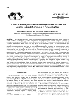 The Effect of Roselle (Hibicus Sabdariffa Linn.) Calyx As Antioxidant and Acidifier on Growth Performance in Postweaning Pigs